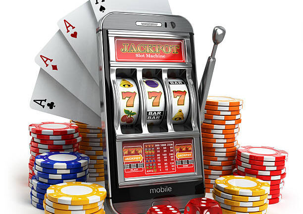 Online casino concept. Mobile phone, slot machine, dice and cards. 3d