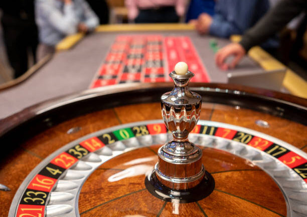 Close up of roulette wheel at the casino - Focus on foreground