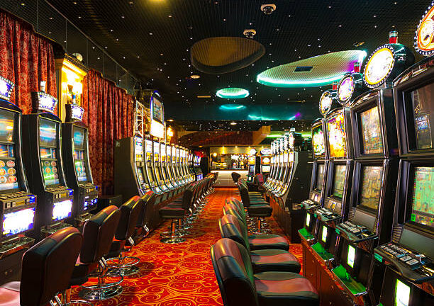 A Slot machines room in an empty Casino just before the opening time.